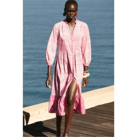 Zara Printed Midi Dress Pink Floral Button Front Tiered Boho Cotton 5029/ - Picture 2 of 13